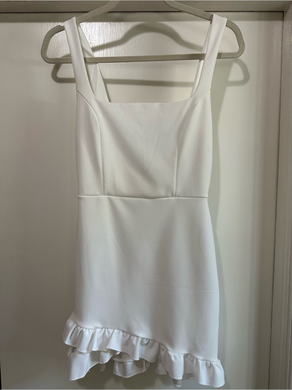 Blue Blush White Square-Neck Ruffle-Hem Mini Dress